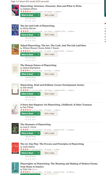 Screen shot of a list of playwriting books